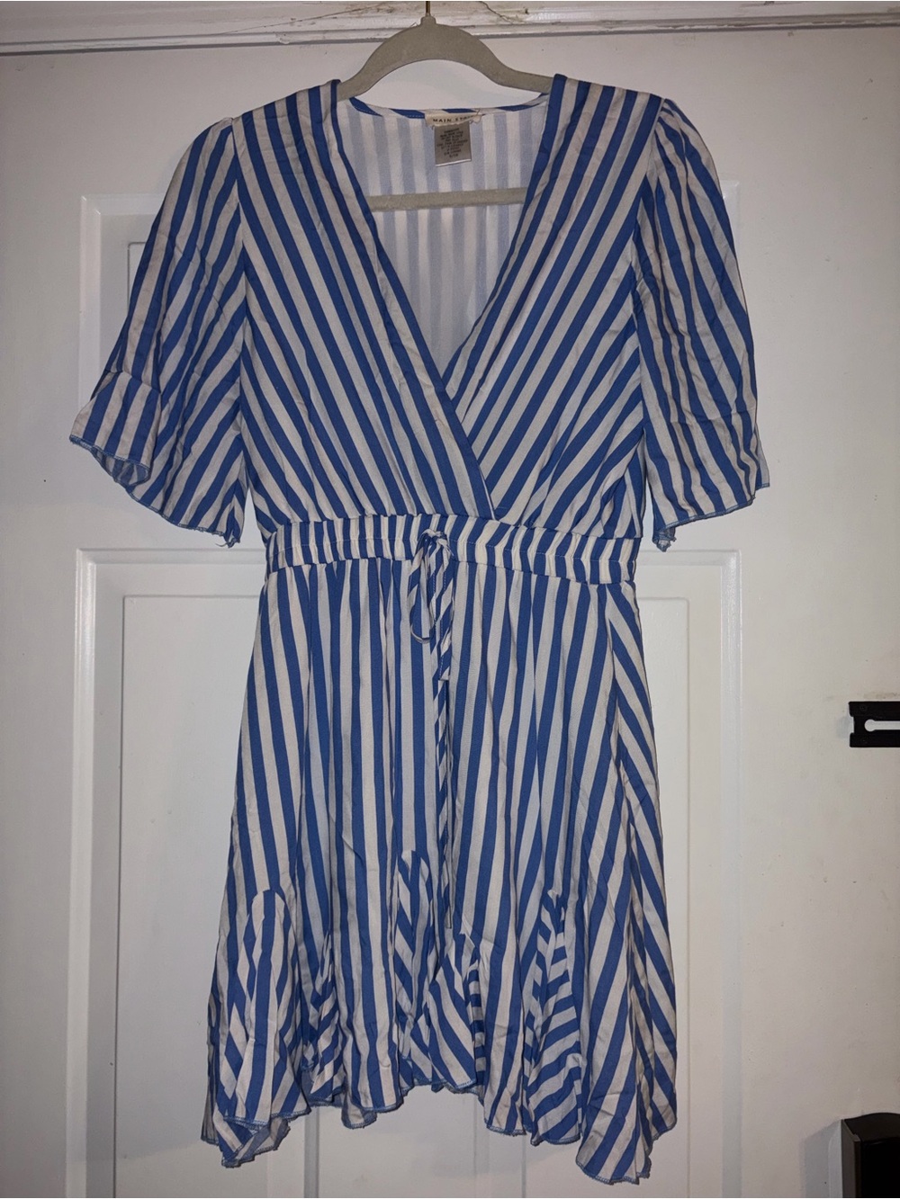 Main Strip Blue and White Striped Wrap Mini Dress